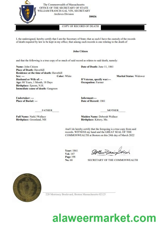 USA Massachussetts Death Certificate